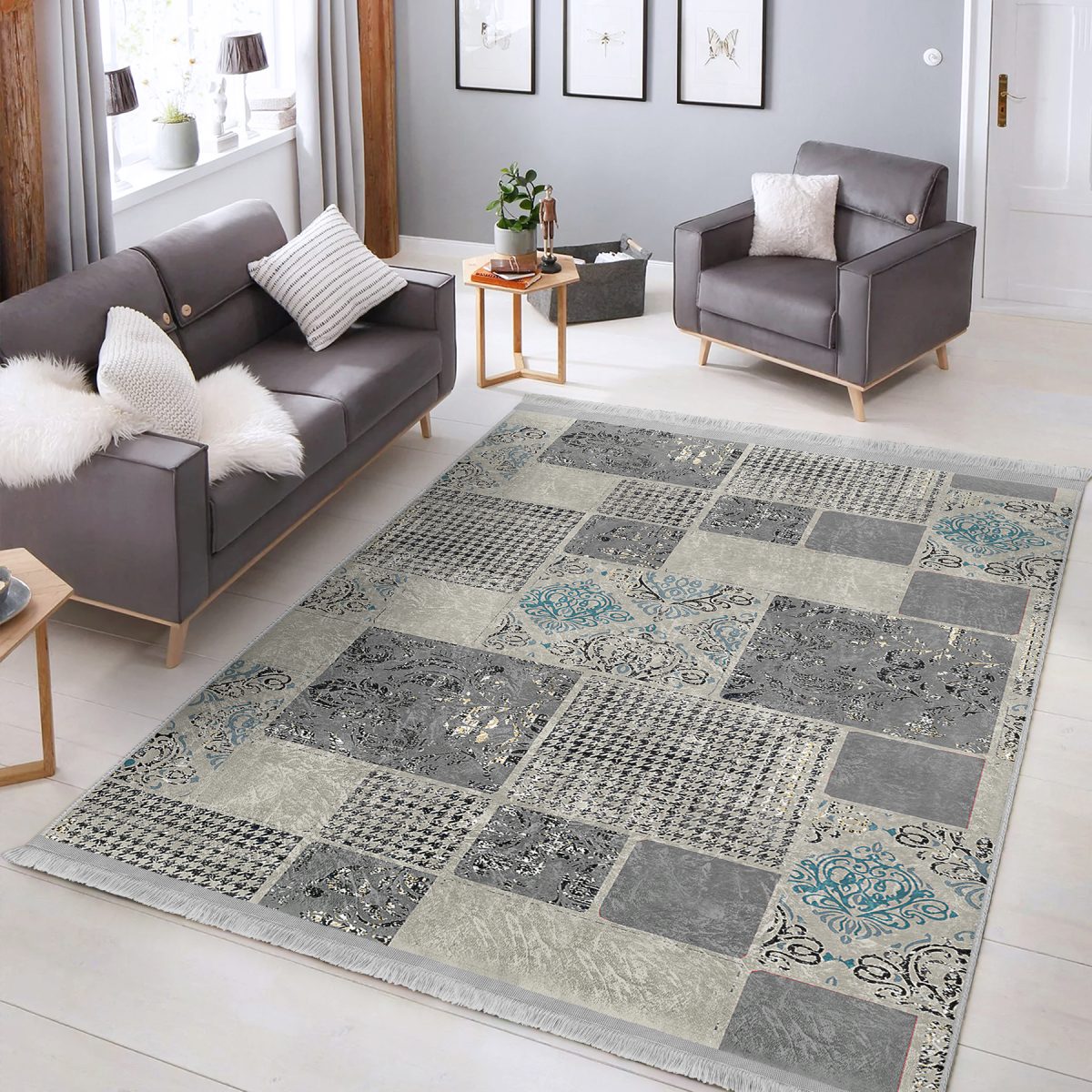 Gri - Bej Zeminde Patchwork Motifli Kazayağı Desenli Eskitme Motifli Vintage Yatak Odası Salon & Oturma Odası Dijital Baskılı Makinede Yıkanabilir Kaymaz Taban Saçaklı Halı Realhomes