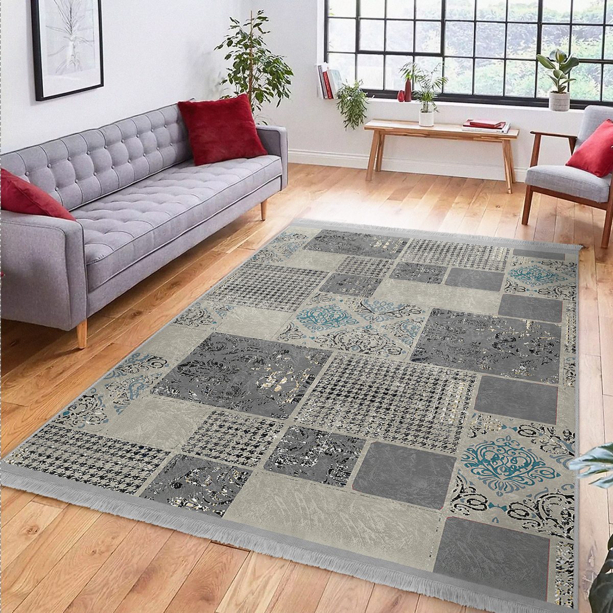 Gri - Bej Zeminde Patchwork Motifli Kazayağı Desenli Eskitme Motifli Vintage Yatak Odası Salon & Oturma Odası Dijital Baskılı Makinede Yıkanabilir Kaymaz Taban Saçaklı Halı Realhomes