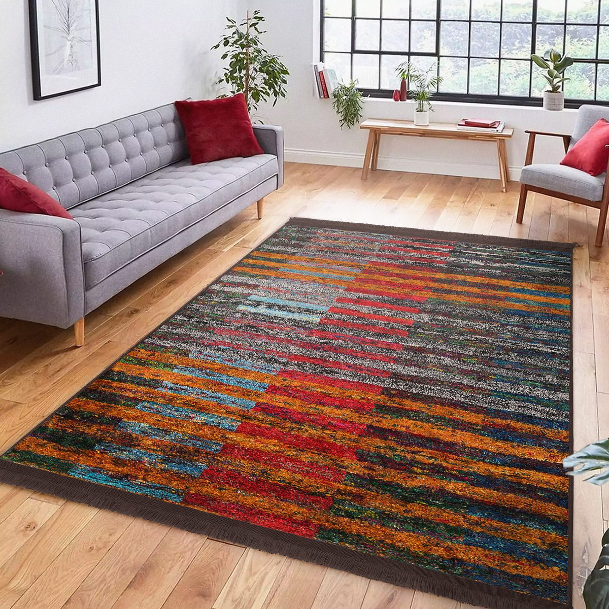 Kırmızı - Turuncu Zeminde Patchwork Motifli Kilim Desenli Vintage Klasik Salon & Oturma Odası Koridor & Antre Dijital Baskılı Makinede Yıkanabilir Kaymaz Taban Saçaklı Halı Realhomes