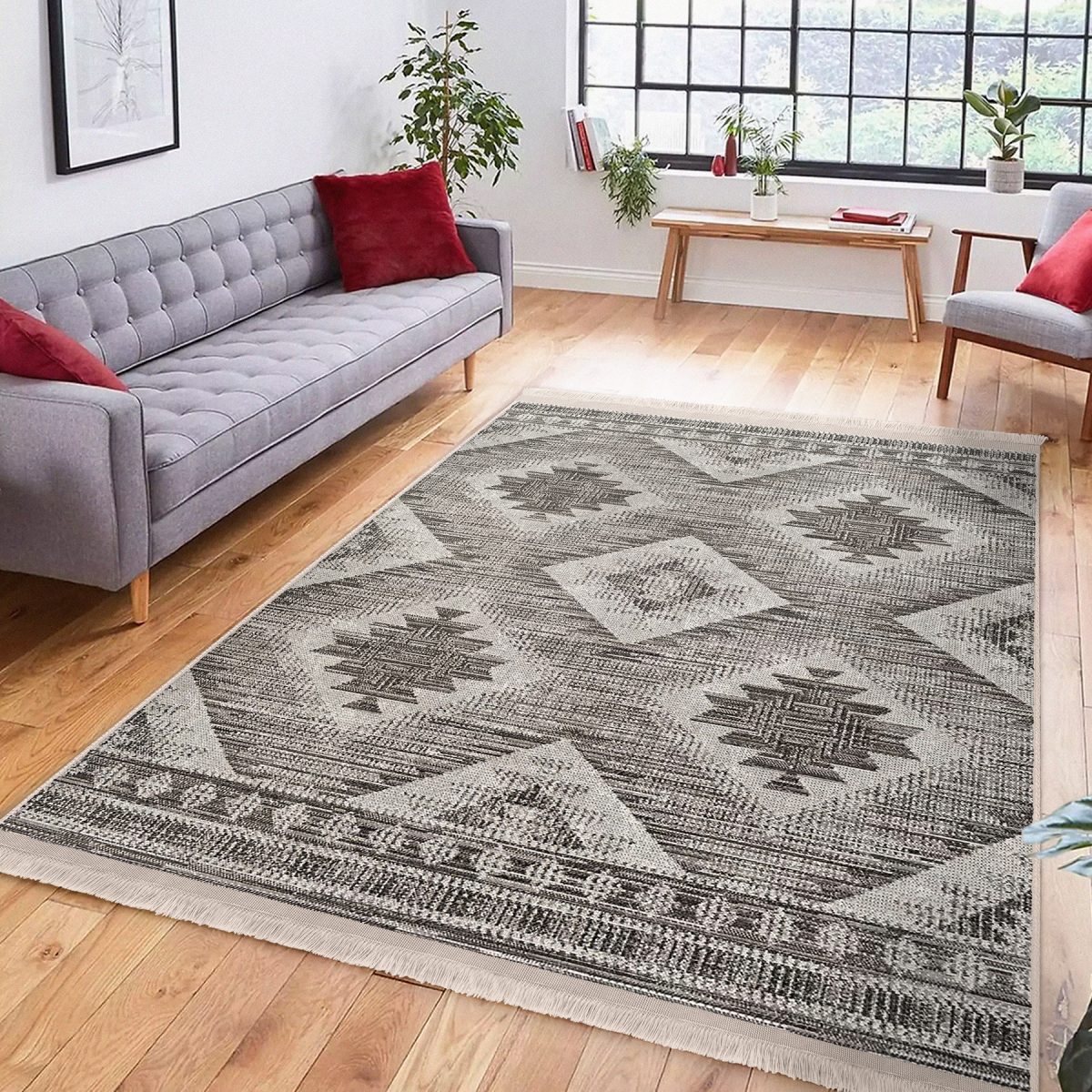 Krem - Kahverengi Zeminde Otantik Motifli Kilim Desenli Vintage Geometrik Yatak Odası Koridor & Antre Dijital Baskılı Makinede Yıkanabilir Kaymaz Taban Saçaklı Halı Realhomes