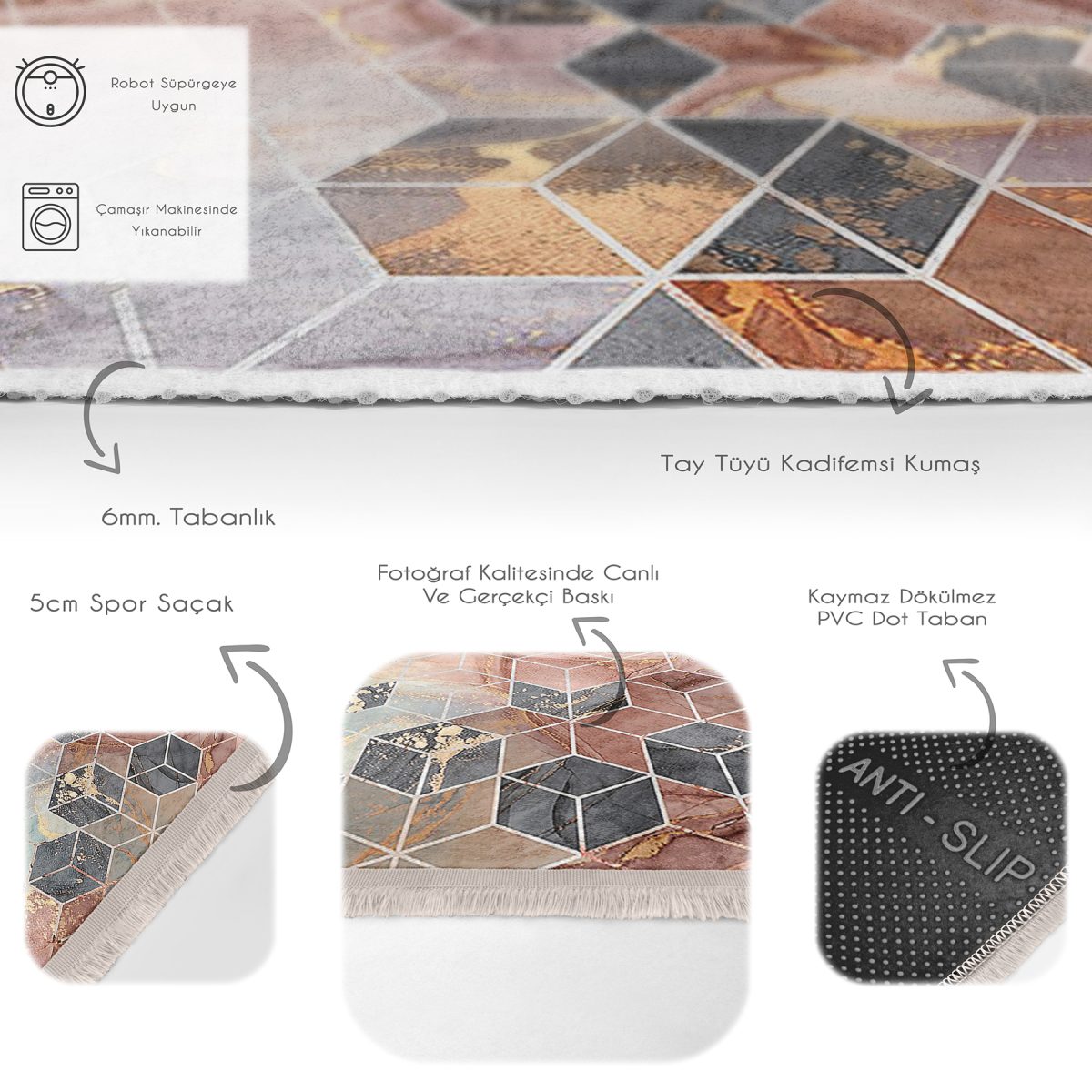 Altın - Pembe Zeminde Mozaik Motifli Mermer Desenli Geometrik Modern Mutfak Banyo Dijital Baskılı Makinede Yıkanabilir Kaymaz Taban Saçaklı Halı Realhomes