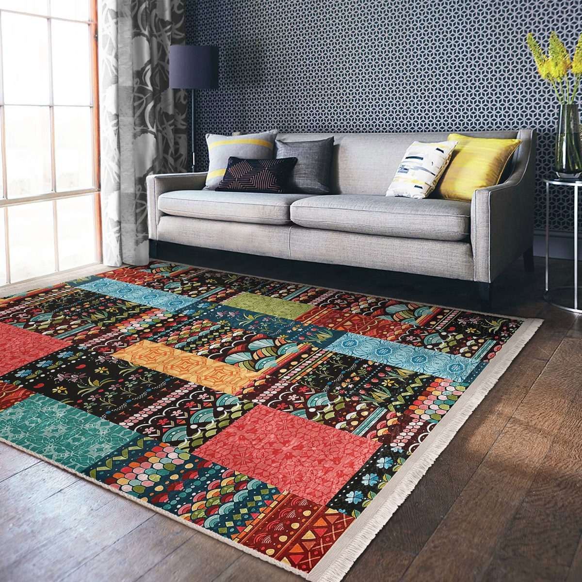 Rengarenk Zeminde Patchwork Motifli Kilim Desenli Vintage Klasik Yatak Odası Koridor & Antre Dijital Baskılı Makinede Yıkanabilir Kaymaz Taban Saçaklı Halı Realhomes