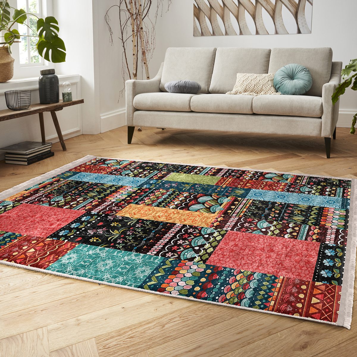 Rengarenk Zeminde Patchwork Motifli Kilim Desenli Vintage Klasik Yatak Odası Koridor & Antre Dijital Baskılı Makinede Yıkanabilir Kaymaz Taban Saçaklı Halı Realhomes