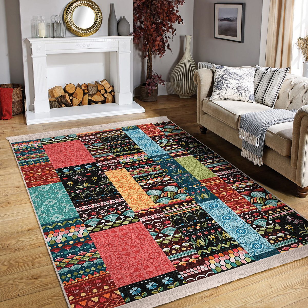 Rengarenk Zeminde Patchwork Motifli Kilim Desenli Vintage Klasik Yatak Odası Koridor & Antre Dijital Baskılı Makinede Yıkanabilir Kaymaz Taban Saçaklı Halı Realhomes