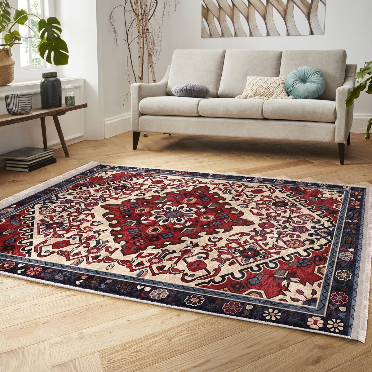 Kırmızı Zeminde Antik Motifli El Dokuma Desenli Etnik Motifler Avangarde Salon & Oturma Odası Dış Mekan & Outdoor Dijital Baskılı Makinede Yıkanabilir Kaymaz Taban Saçaklı Halı Realhomes