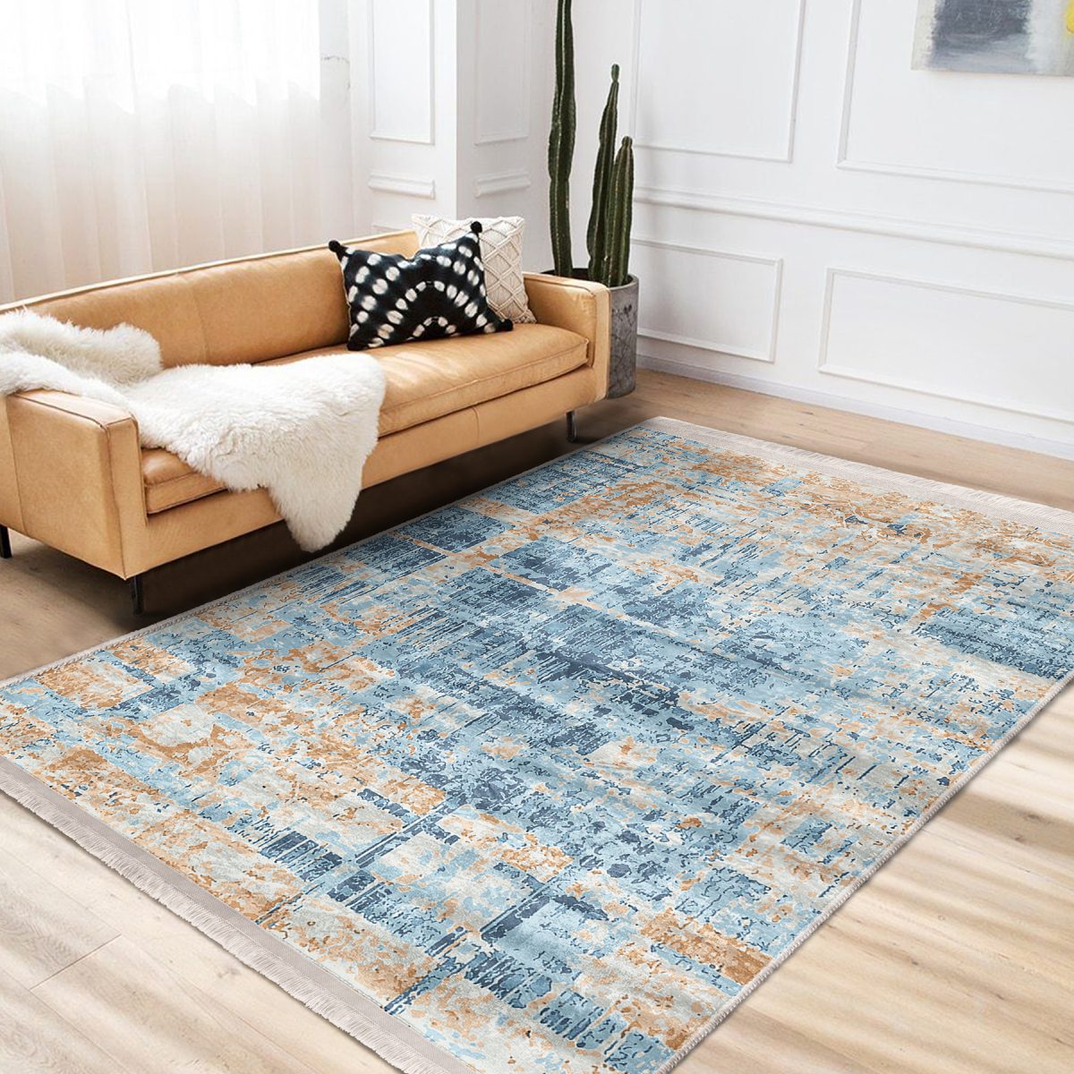 Mavi - Krem Zeminde Örme Motifli Kilim Desenli Eskitme Motifli Vintage Koridor & Antre Mutfak Dijital Baskılı Makinede Yıkanabilir Kaymaz Taban Saçaklı Halı Realhomes