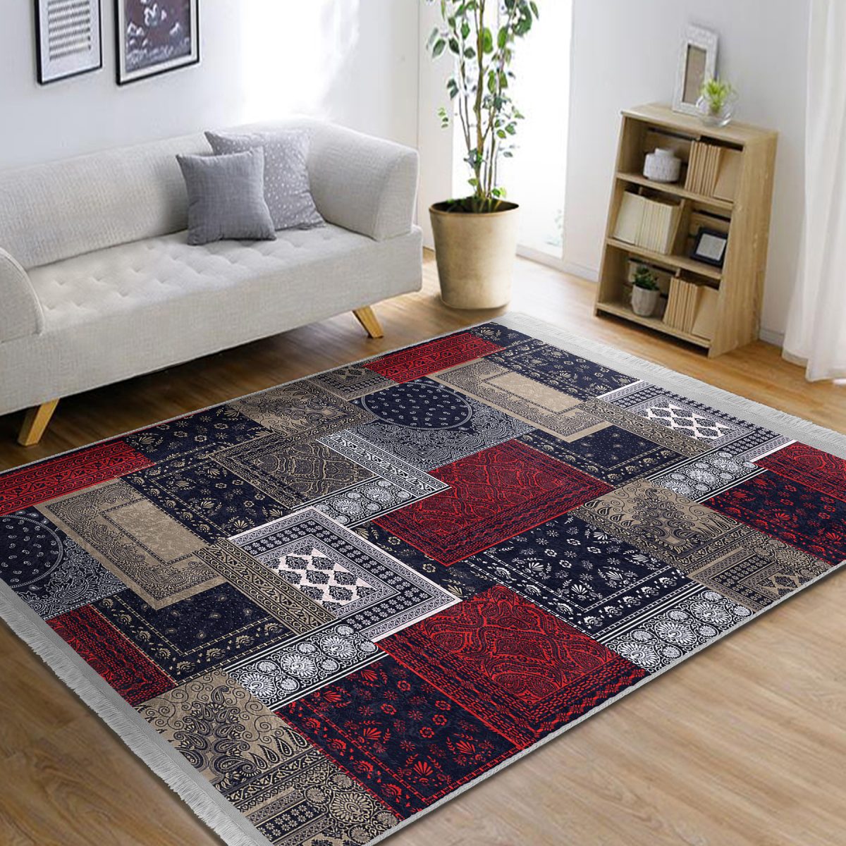 Lacivert - Kırmızı Zeminde Patchwork Motifli Kilim Desenli Klasik Vintage Koridor & Antre Yatak Odası Dijital Baskılı Makinede Yıkanabilir Kaymaz Taban Saçaklı Halı Realhomes