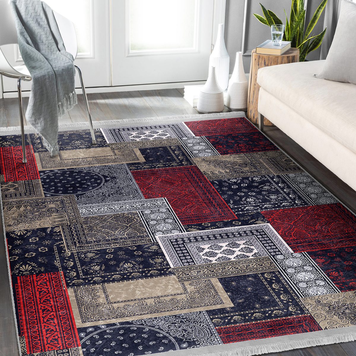 Lacivert - Kırmızı Zeminde Patchwork Motifli Kilim Desenli Klasik Vintage Koridor & Antre Yatak Odası Dijital Baskılı Makinede Yıkanabilir Kaymaz Taban Saçaklı Halı Realhomes