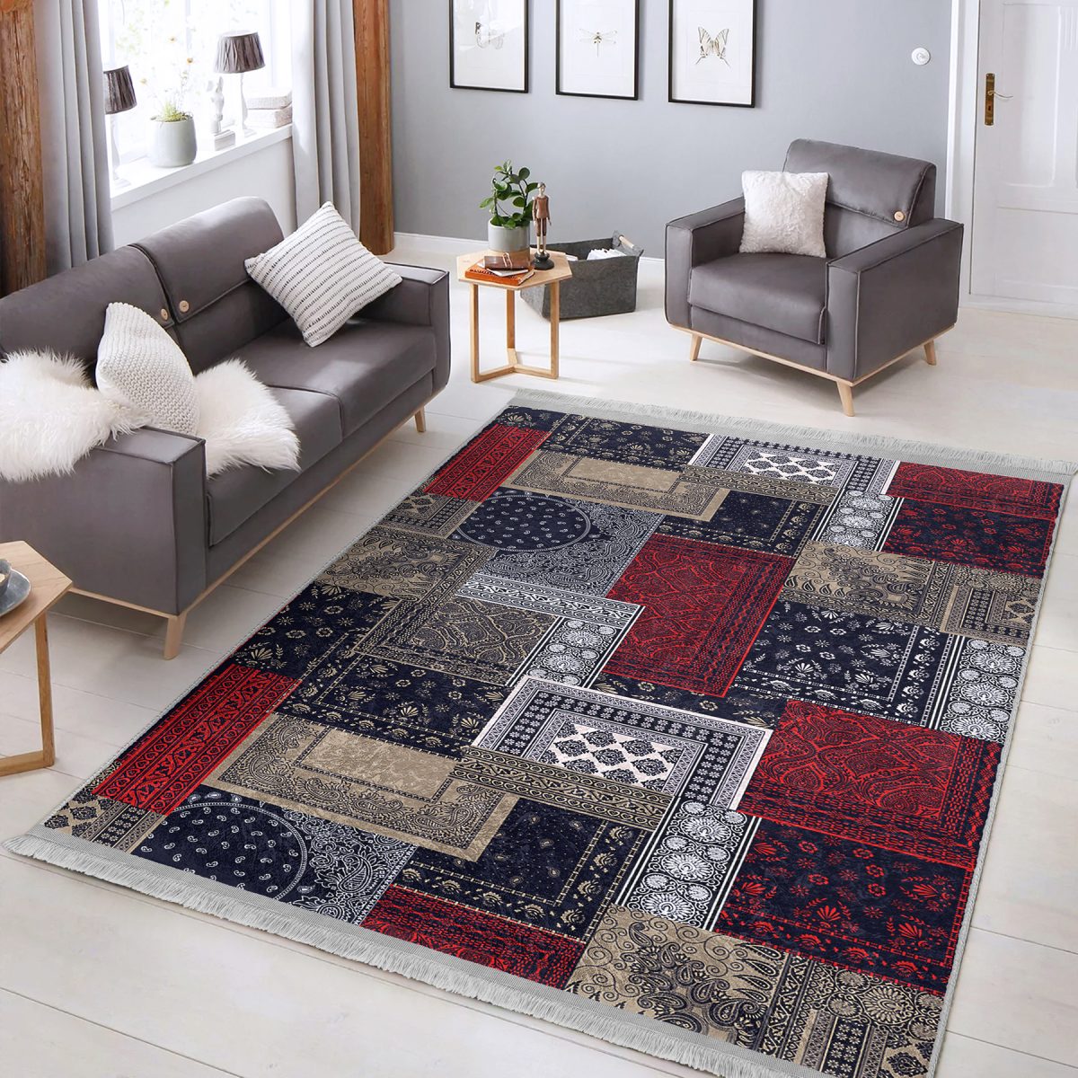 Lacivert - Kırmızı Zeminde Patchwork Motifli Kilim Desenli Klasik Vintage Koridor & Antre Yatak Odası Dijital Baskılı Makinede Yıkanabilir Kaymaz Taban Saçaklı Halı Realhomes