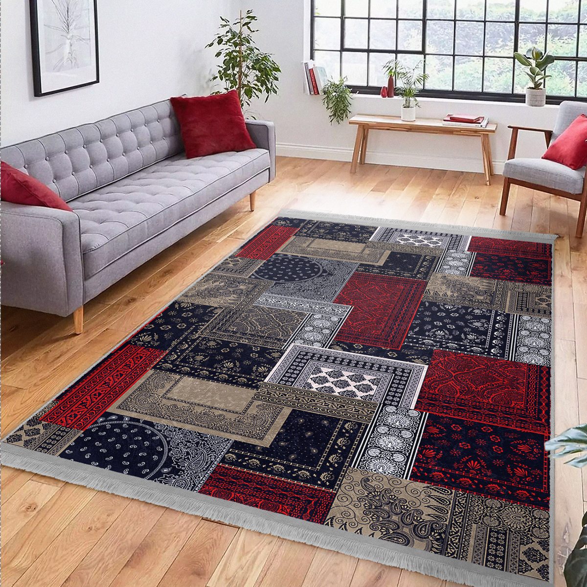 Lacivert - Kırmızı Zeminde Patchwork Motifli Kilim Desenli Klasik Vintage Koridor & Antre Yatak Odası Dijital Baskılı Makinede Yıkanabilir Kaymaz Taban Saçaklı Halı Realhomes