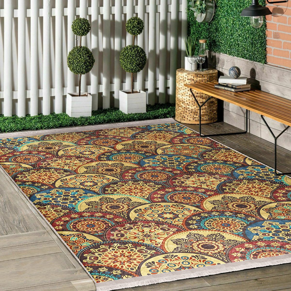 Hardal Zeminde Etnik Motifli Kilim Desenli Vintage Geometrik Koridor & Antre Salon & Oturma Odası Dijital Baskılı Makinede Yıkanabilir Kaymaz Taban Saçaklı Halı Realhomes