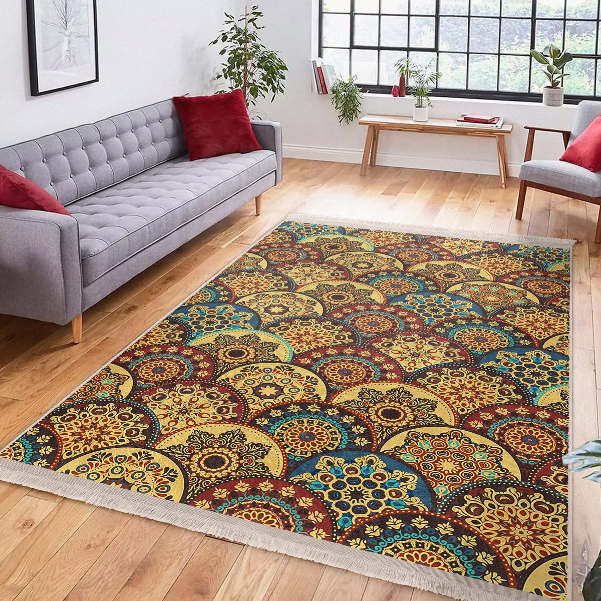 Hardal Zeminde Etnik Motifli Kilim Desenli Vintage Geometrik Koridor & Antre Salon & Oturma Odası Dijital Baskılı Makinede Yıkanabilir Kaymaz Taban Saçaklı Halı Realhomes