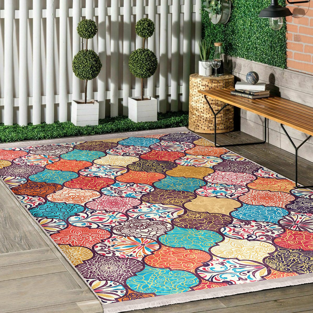 Çok Renkli Zeminde Patchwork Motifli Geleneksel Desenli Geometrik Klasik Salon & Oturma Odası Mutfak Dijital Baskılı Makinede Yıkanabilir Kaymaz Taban Saçaklı Halı Realhomes