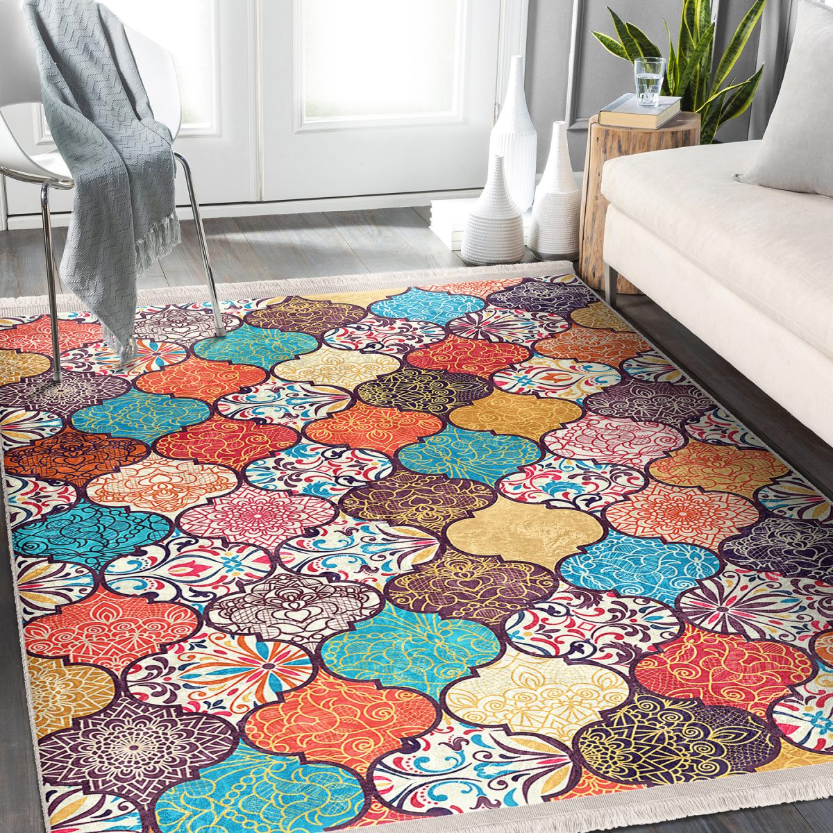 Çok Renkli Zeminde Patchwork Motifli Geleneksel Desenli Geometrik Klasik Salon & Oturma Odası Mutfak Dijital Baskılı Makinede Yıkanabilir Kaymaz Taban Saçaklı Halı Realhomes