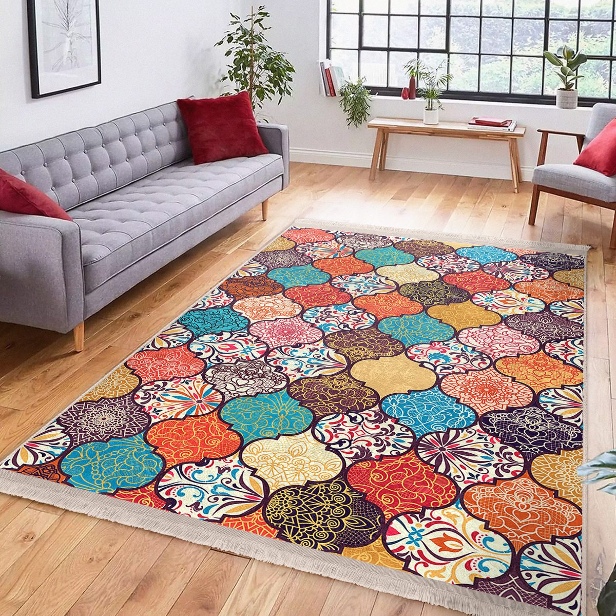 Çok Renkli Zeminde Patchwork Motifli Geleneksel Desenli Geometrik Klasik Salon & Oturma Odası Mutfak Dijital Baskılı Makinede Yıkanabilir Kaymaz Taban Saçaklı Halı Realhomes