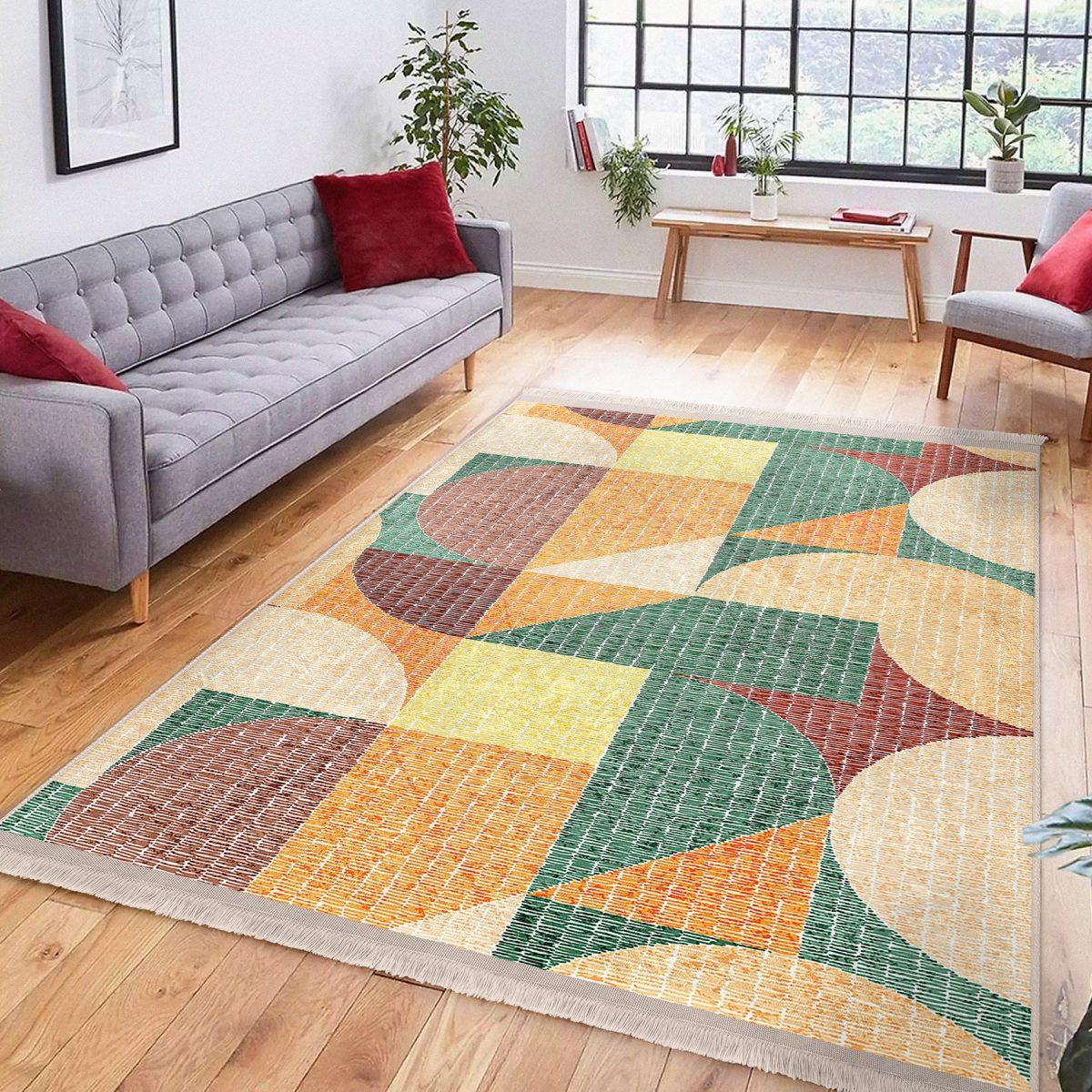 Rengarenk Zeminde Art Deco Motifli Kilim Desenli Geometrik Klasik Salon & Oturma Odası Yatak Odası Dijital Baskılı Makinede Yıkanabilir Kaymaz Taban Saçaklı Halı Realhomes