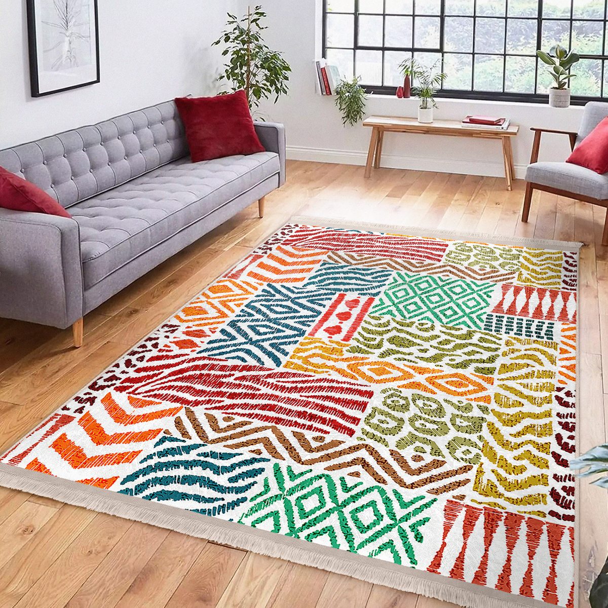 Beyaz Zeminde Patchwork Motifli Kilim Desenli Klasik Geometrik Koridor & Antre Dış Mekan & Outdoor Dijital Baskılı Makinede Yıkanabilir Kaymaz Taban Saçaklı Halı Realhomes