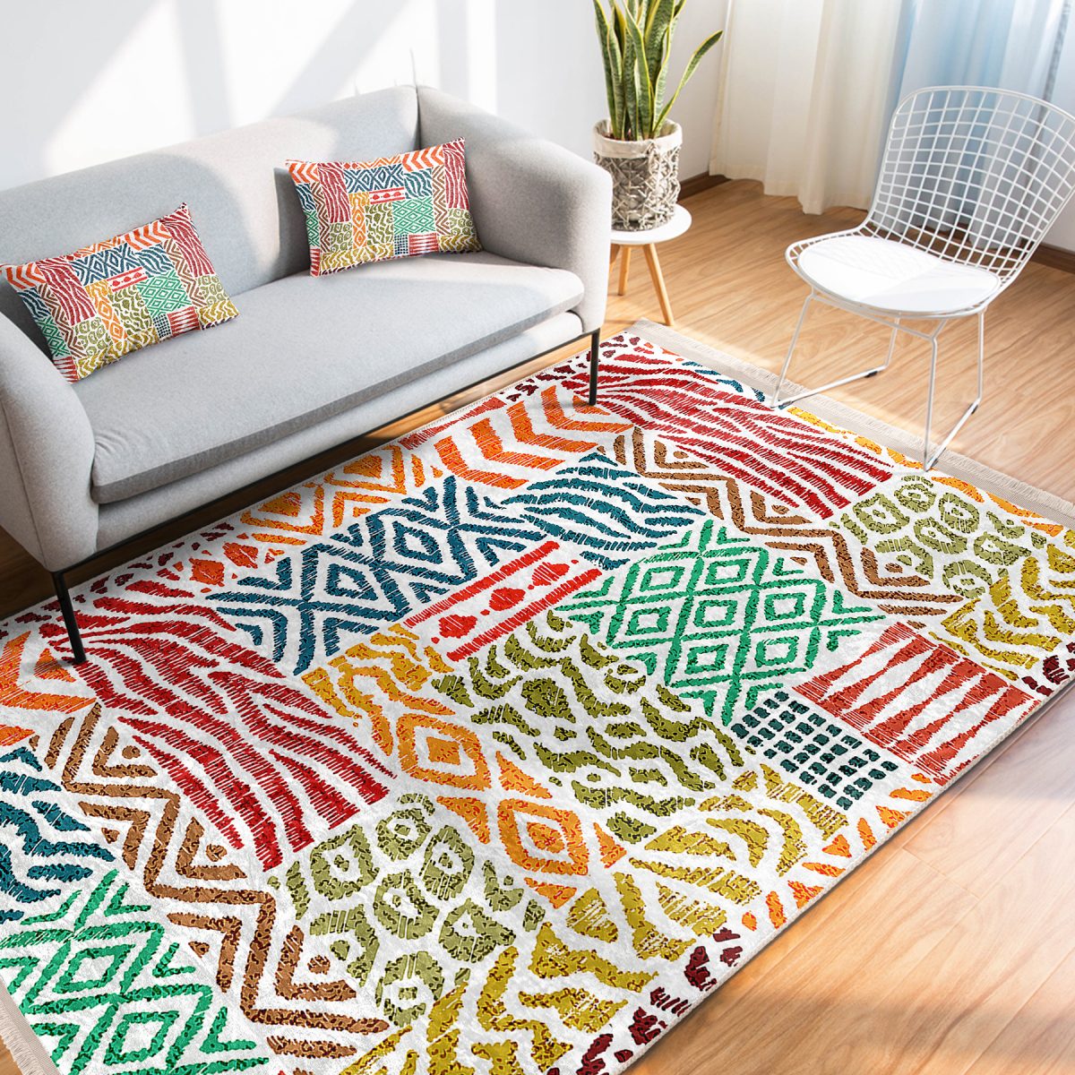 Beyaz Zeminde Patchwork Motifli Kilim Desenli Klasik Geometrik Koridor & Antre Dış Mekan & Outdoor Dijital Baskılı Makinede Yıkanabilir Kaymaz Taban Saçaklı Halı Realhomes