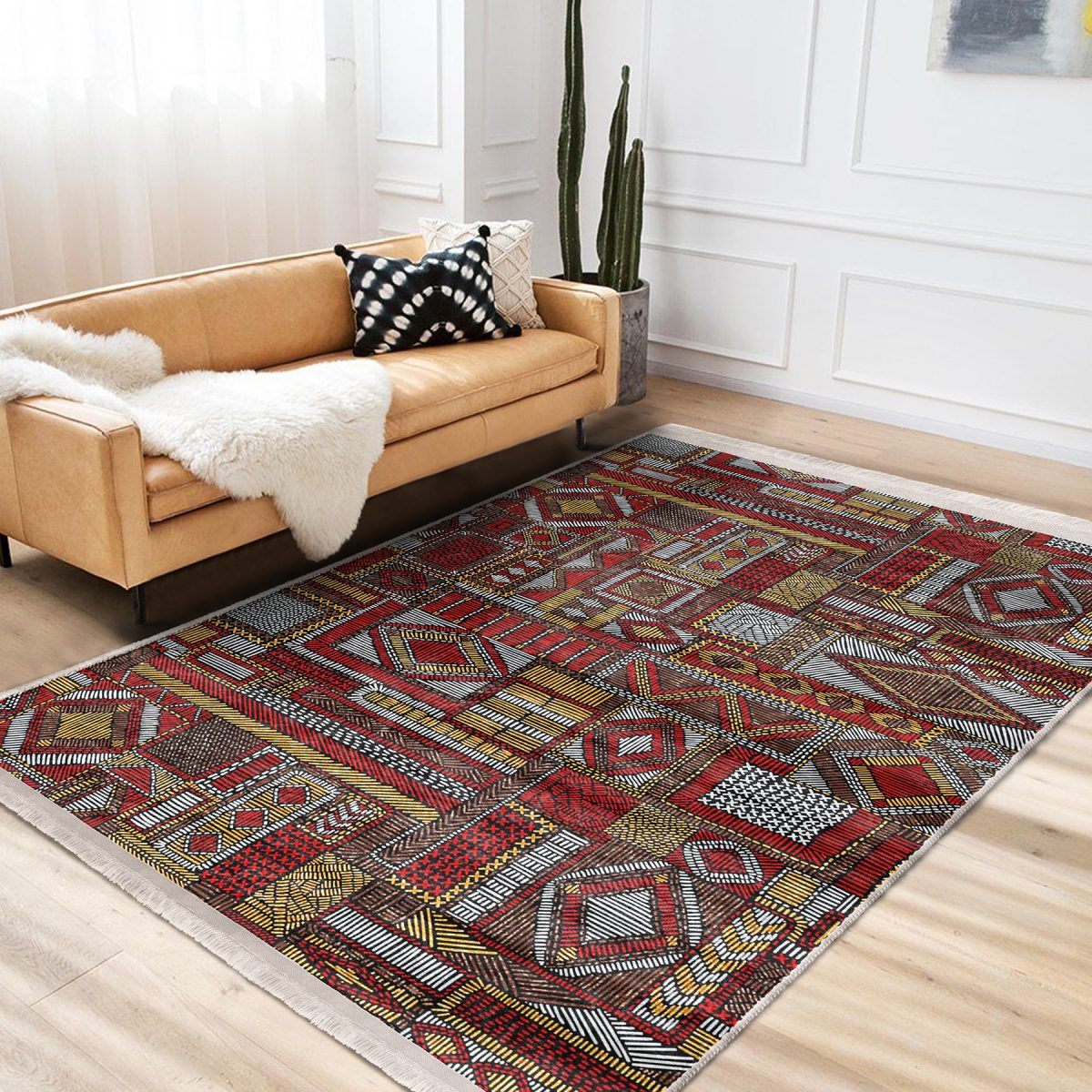 Kırmızı - Kahverengi Zeminde Patchwork Motifli Otantik Desenli Etnik Motifler Eskitme Motifli Salon & Oturma Odası Yatak Odası Dijital Baskılı Makinede Yıkanabilir Kaymaz Taban Saçaklı Halı Realhomes