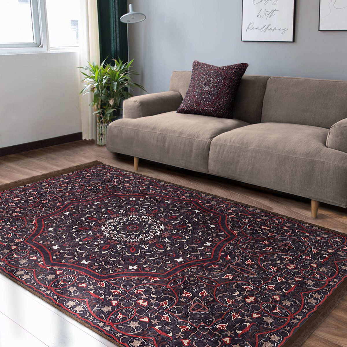 Kırmızı Zeminde Hereke Motifli Kilim Desenli Etnik Motifler Avangarde Salon & Oturma Odası Yatak Odası Dijital Baskılı Makinede Yıkanabilir Kaymaz Taban Saçaklı Halı Realhomes