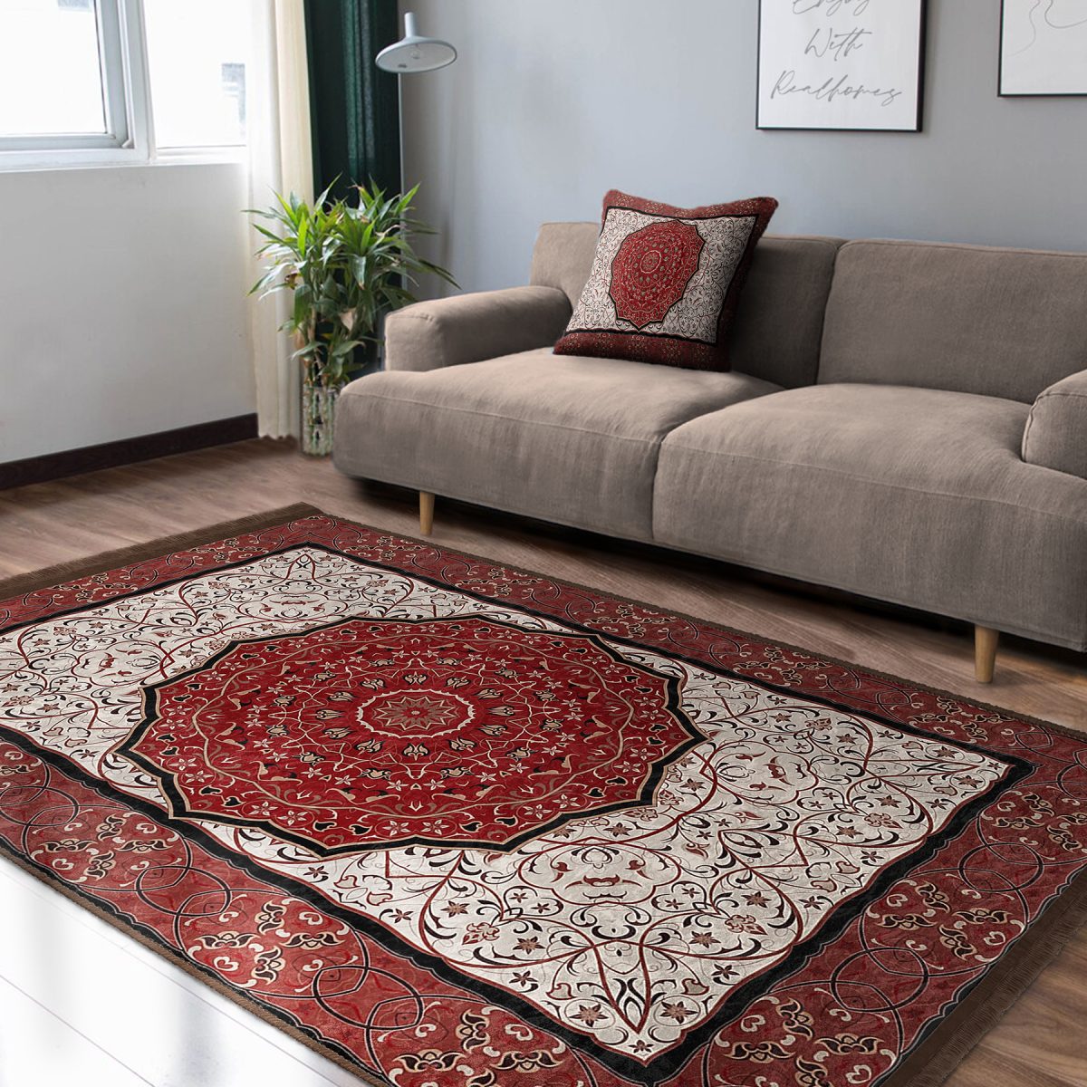 Kırmızı Zeminde Osmanlı Motifli Yöresel Desenli Avangarde Vintage Salon & Oturma Odası Yatak Odası Dijital Baskılı Makinede Yıkanabilir Kaymaz Taban Saçaklı Halı Realhomes