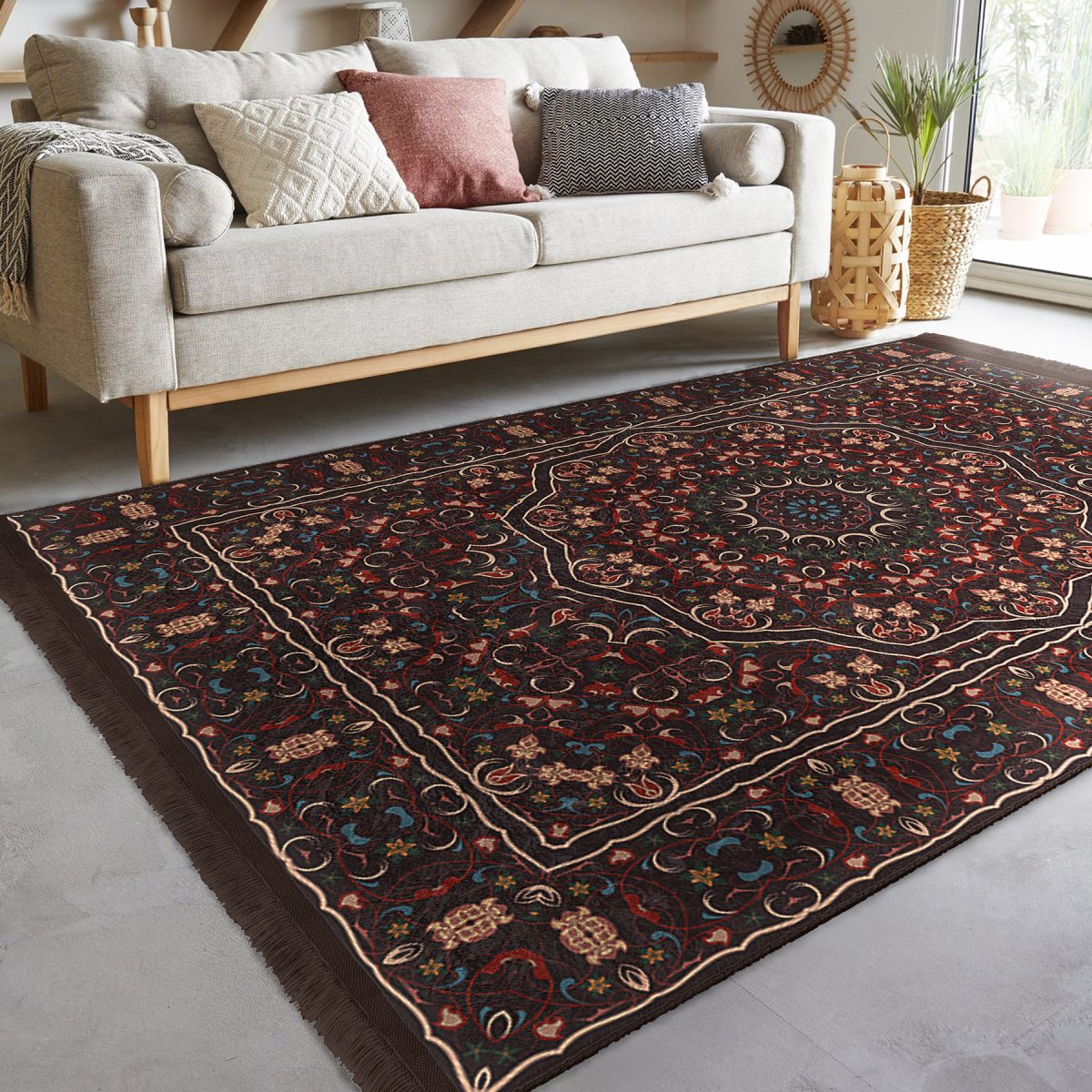 Kahverengi Zeminde Kilim Motifli Etnik Desenli Etnik Motifler Vintage Dış Mekan & Outdoor Yatak Odası Dijital Baskılı Makinede Yıkanabilir Kaymaz Taban Saçaklı Halı Realhomes