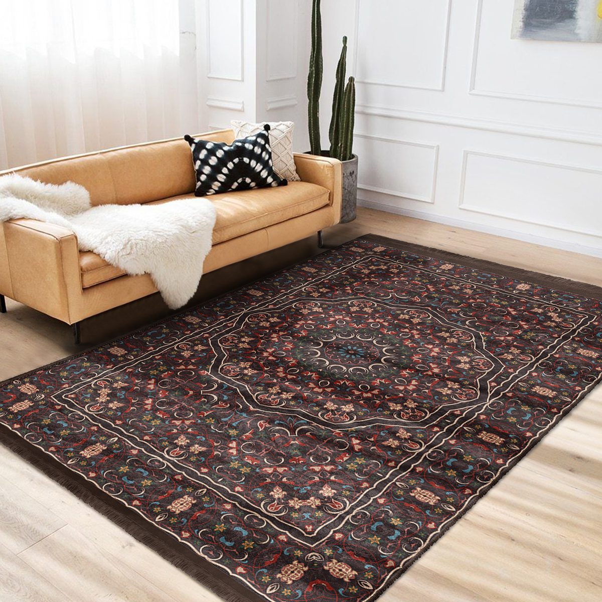 Kahverengi Zeminde Kilim Motifli Etnik Desenli Etnik Motifler Vintage Dış Mekan & Outdoor Yatak Odası Dijital Baskılı Makinede Yıkanabilir Kaymaz Taban Saçaklı Halı Realhomes