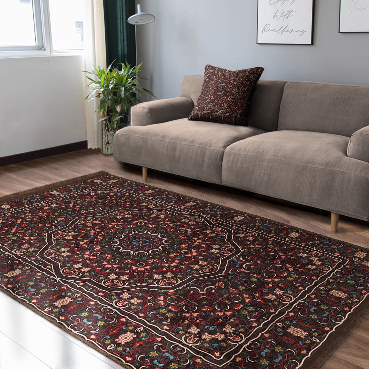 Kahverengi Zeminde Kilim Motifli Etnik Desenli Etnik Motifler Vintage Dış Mekan & Outdoor Yatak Odası Dijital Baskılı Makinede Yıkanabilir Kaymaz Taban Saçaklı Halı Realhomes