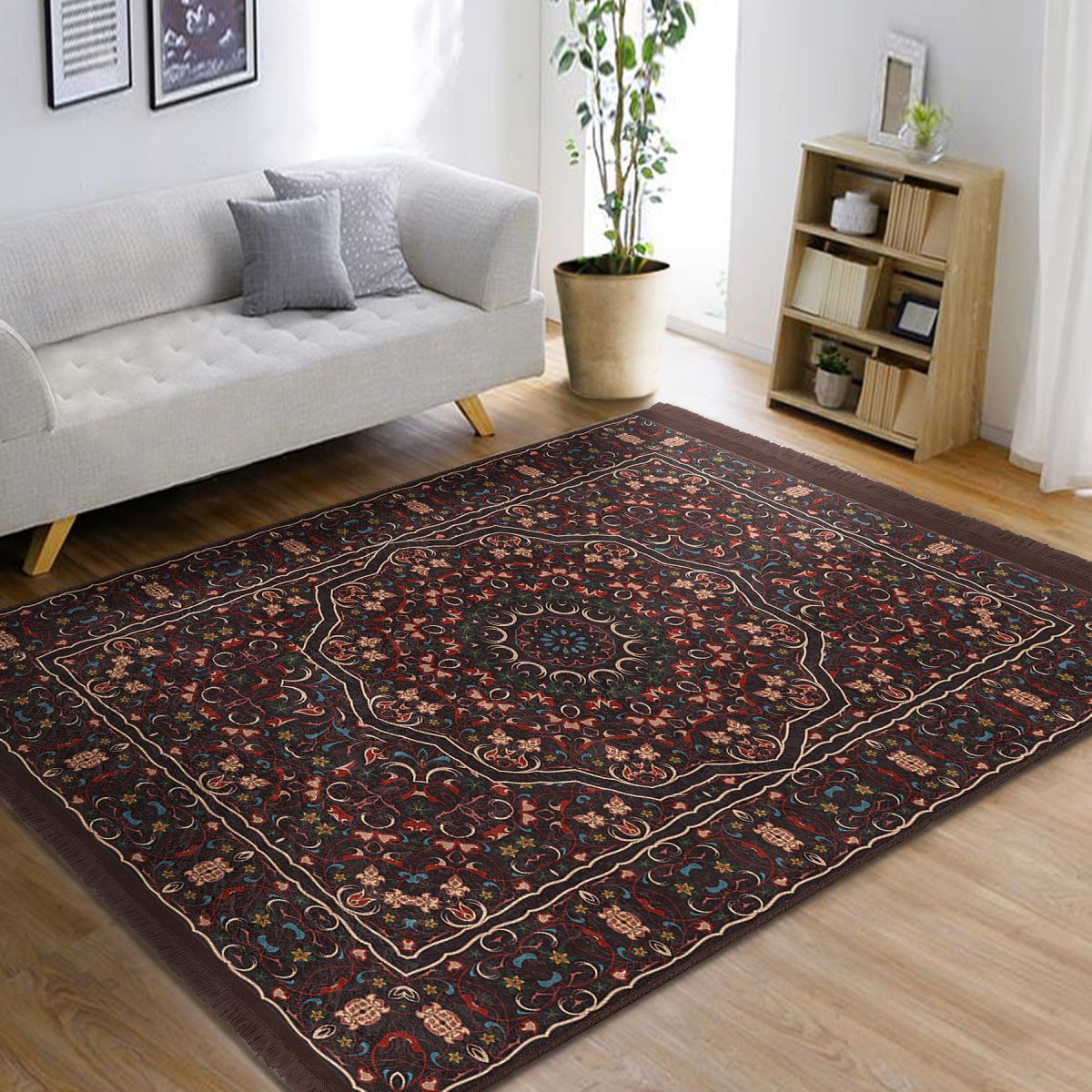 Kahverengi Zeminde Kilim Motifli Etnik Desenli Etnik Motifler Vintage Dış Mekan & Outdoor Yatak Odası Dijital Baskılı Makinede Yıkanabilir Kaymaz Taban Saçaklı Halı Realhomes