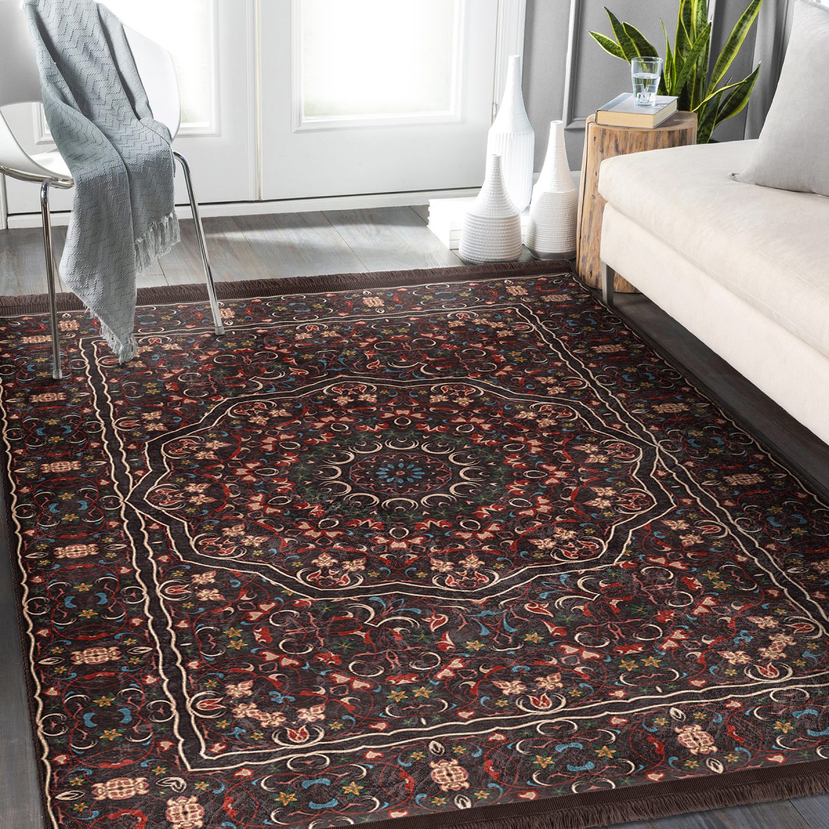 Kahverengi Zeminde Kilim Motifli Etnik Desenli Etnik Motifler Vintage Dış Mekan & Outdoor Yatak Odası Dijital Baskılı Makinede Yıkanabilir Kaymaz Taban Saçaklı Halı Realhomes