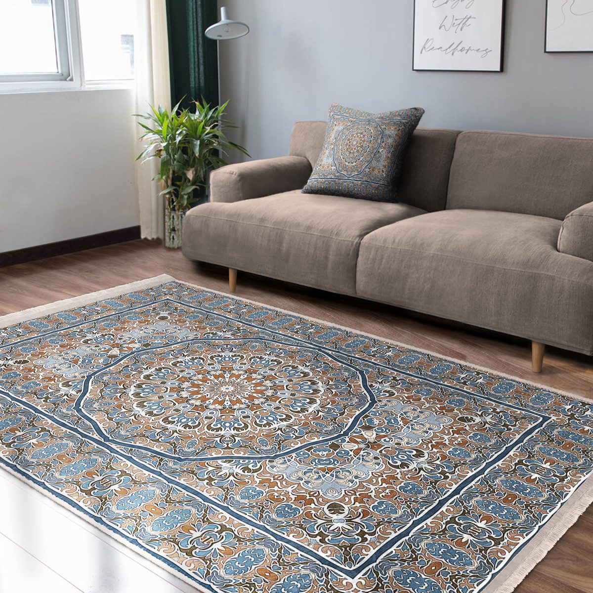 Mavi Zeminde Hereke Motifli Kilim Desenli Etnik Motifler Avangarde Salon & Oturma Odası Dış Mekan & Outdoor Dijital Baskılı Makinede Yıkanabilir Kaymaz Taban Saçaklı Halı Realhomes