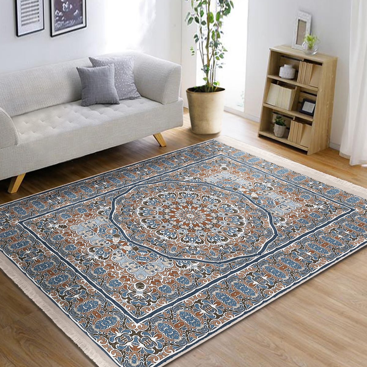 Mavi Zeminde Hereke Motifli Kilim Desenli Etnik Motifler Avangarde Salon & Oturma Odası Dış Mekan & Outdoor Dijital Baskılı Makinede Yıkanabilir Kaymaz Taban Saçaklı Halı Realhomes