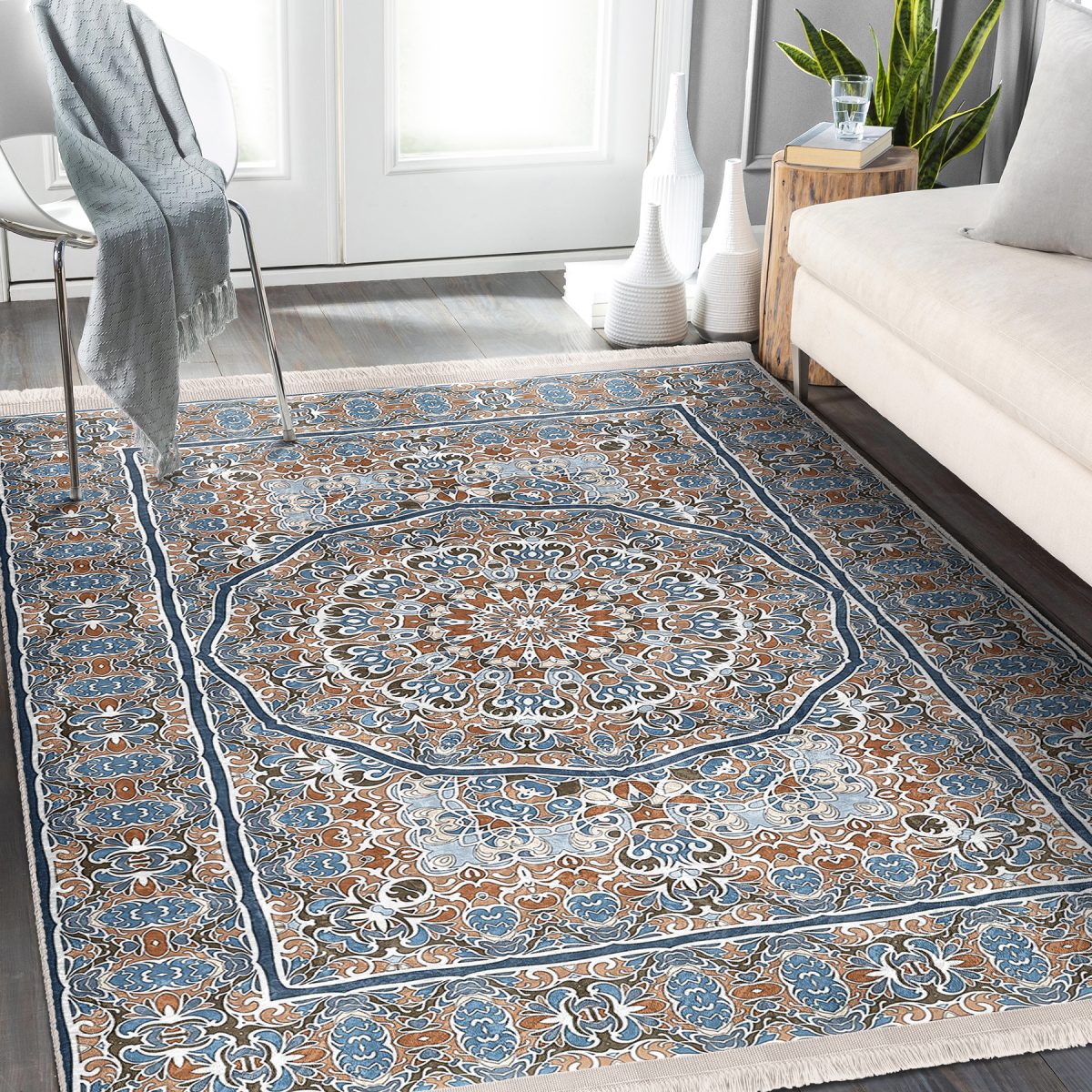 Mavi Zeminde Hereke Motifli Kilim Desenli Etnik Motifler Avangarde Salon & Oturma Odası Dış Mekan & Outdoor Dijital Baskılı Makinede Yıkanabilir Kaymaz Taban Saçaklı Halı Realhomes