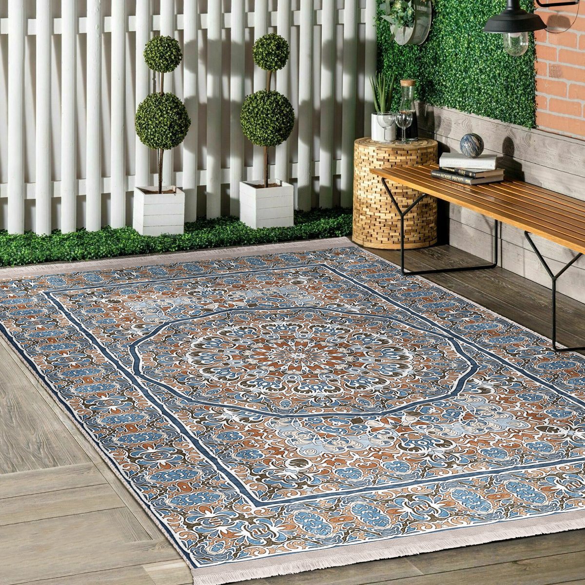 Mavi Zeminde Hereke Motifli Kilim Desenli Etnik Motifler Avangarde Salon & Oturma Odası Dış Mekan & Outdoor Dijital Baskılı Makinede Yıkanabilir Kaymaz Taban Saçaklı Halı Realhomes