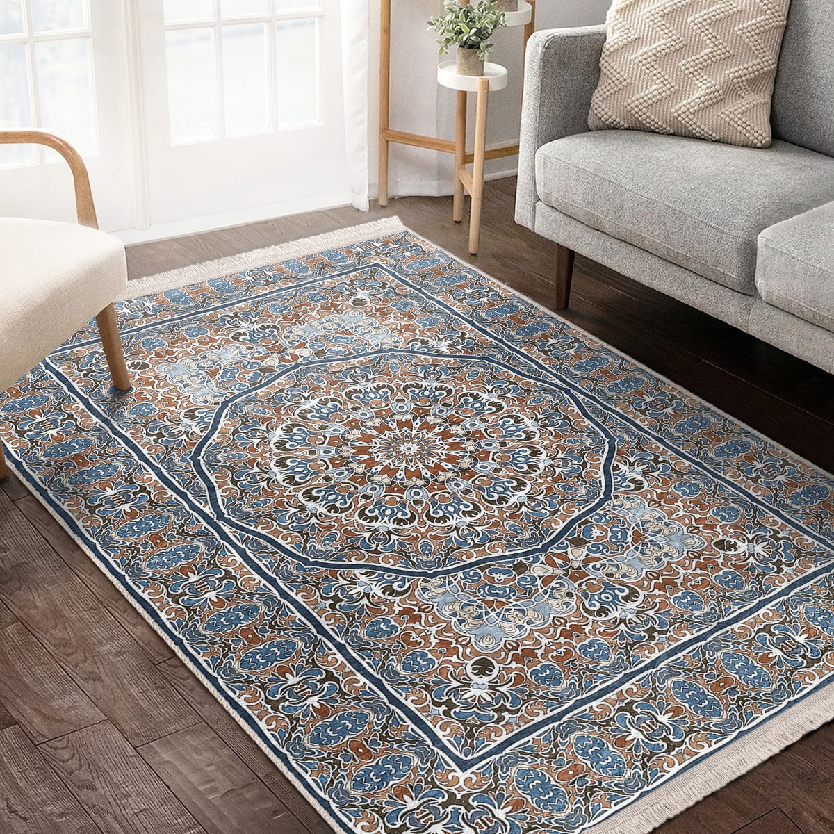 Mavi Zeminde Hereke Motifli Kilim Desenli Etnik Motifler Avangarde Salon & Oturma Odası Dış Mekan & Outdoor Dijital Baskılı Makinede Yıkanabilir Kaymaz Taban Saçaklı Halı Realhomes