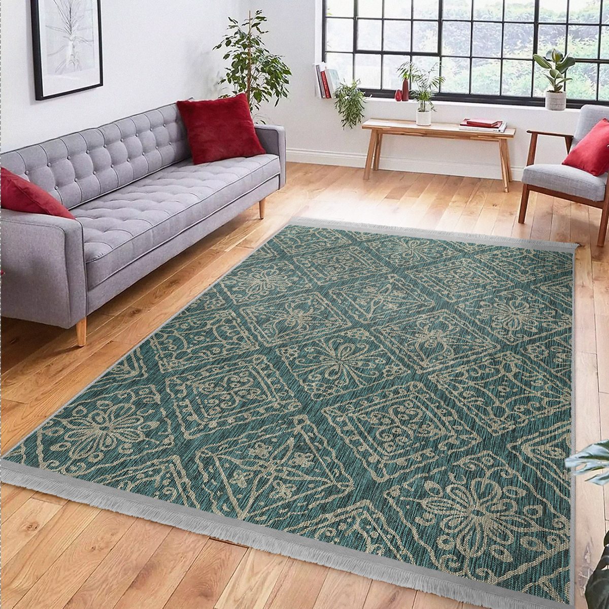 Haki Zeminde Örgü Motifli Antika Desenli Vintage Geometrik Koridor & Antre Salon & Oturma Odası Dijital Baskılı Makinede Yıkanabilir Kaymaz Taban Saçaklı Halı Realhomes