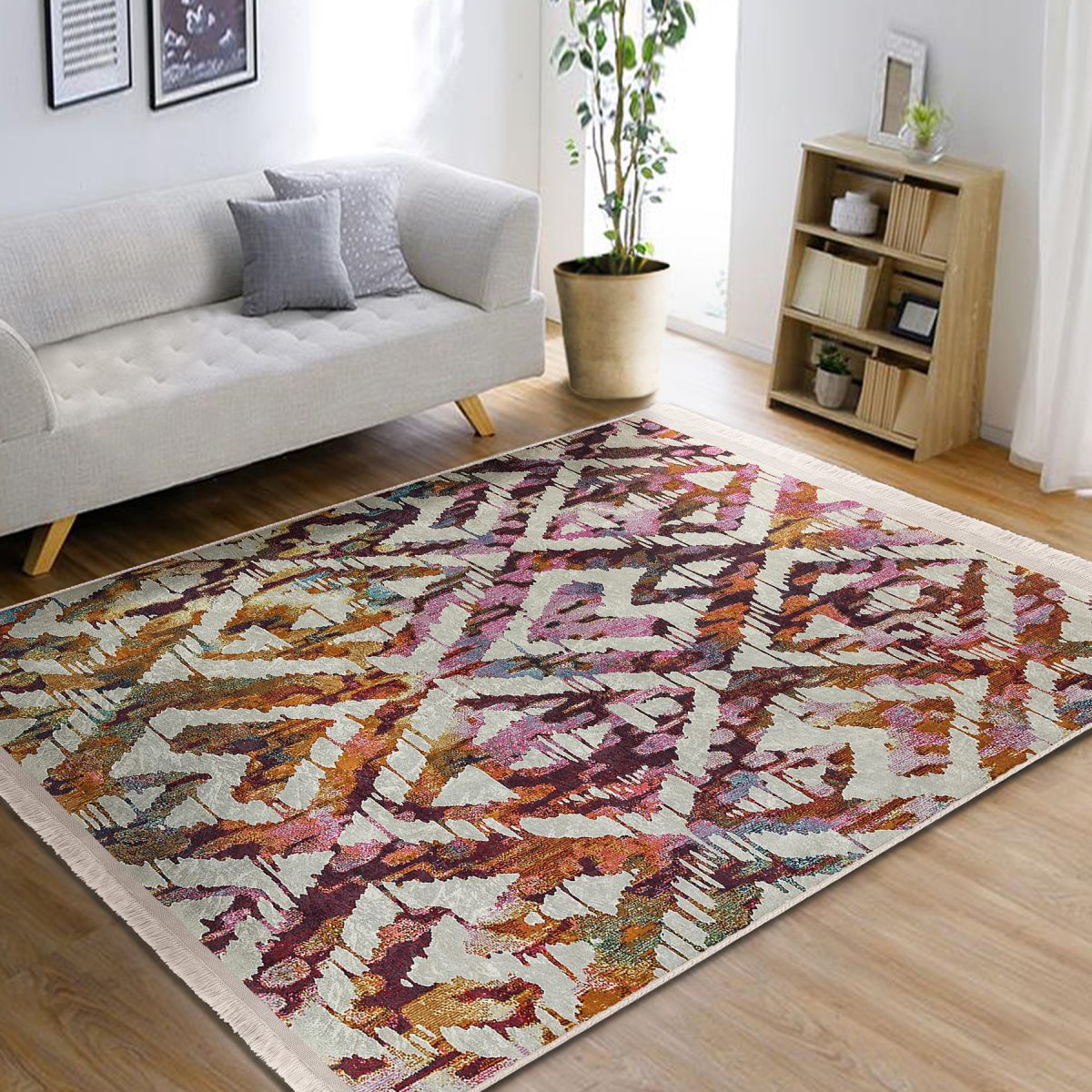 Krem Zeminde İkat Motifli Etnik Desenli Geometrik Eskitme Motifli Koridor & Antre Dış Mekan & Outdoor Dijital Baskılı Makinede Yıkanabilir Kaymaz Taban Saçaklı Halı Realhomes