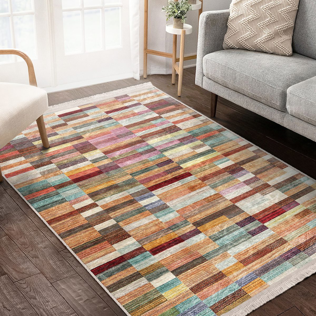 Rengarenk Zeminde Patchwork Motifli Kilim Desenli Vintage Sade & Şık Salon & Oturma Odası Koridor & Antre Dijital Baskılı Makinede Yıkanabilir Kaymaz Taban Saçaklı Halı Realhomes