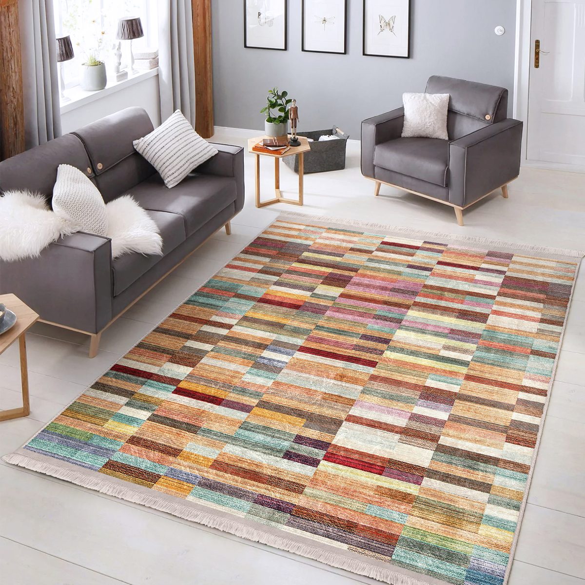 Rengarenk Zeminde Patchwork Motifli Kilim Desenli Vintage Sade & Şık Salon & Oturma Odası Koridor & Antre Dijital Baskılı Makinede Yıkanabilir Kaymaz Taban Saçaklı Halı Realhomes