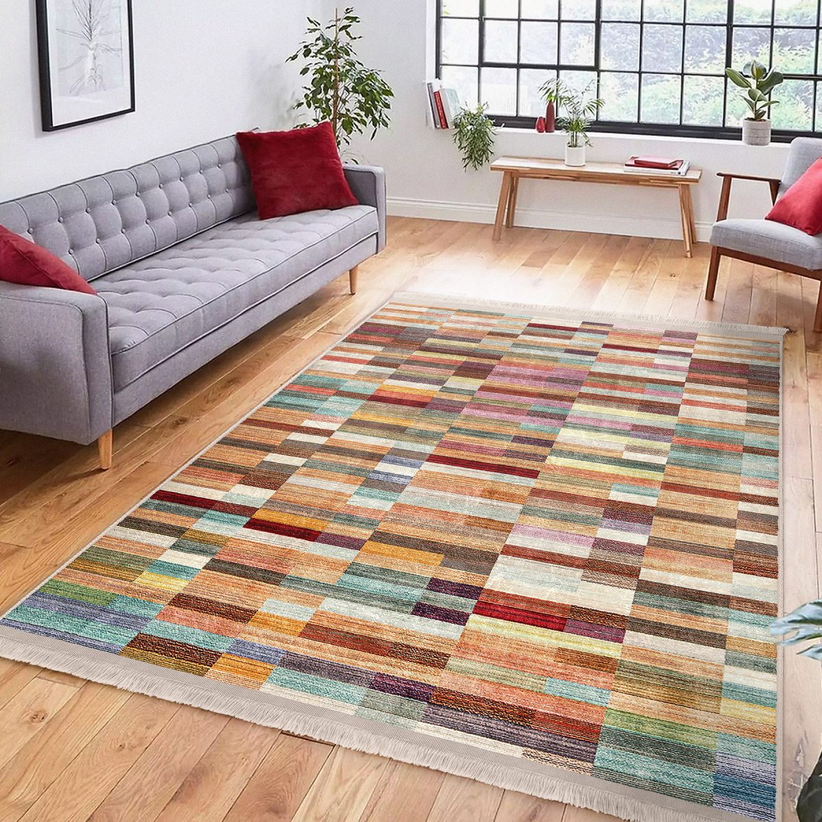 Rengarenk Zeminde Patchwork Motifli Kilim Desenli Vintage Sade & Şık Salon & Oturma Odası Koridor & Antre Dijital Baskılı Makinede Yıkanabilir Kaymaz Taban Saçaklı Halı Realhomes