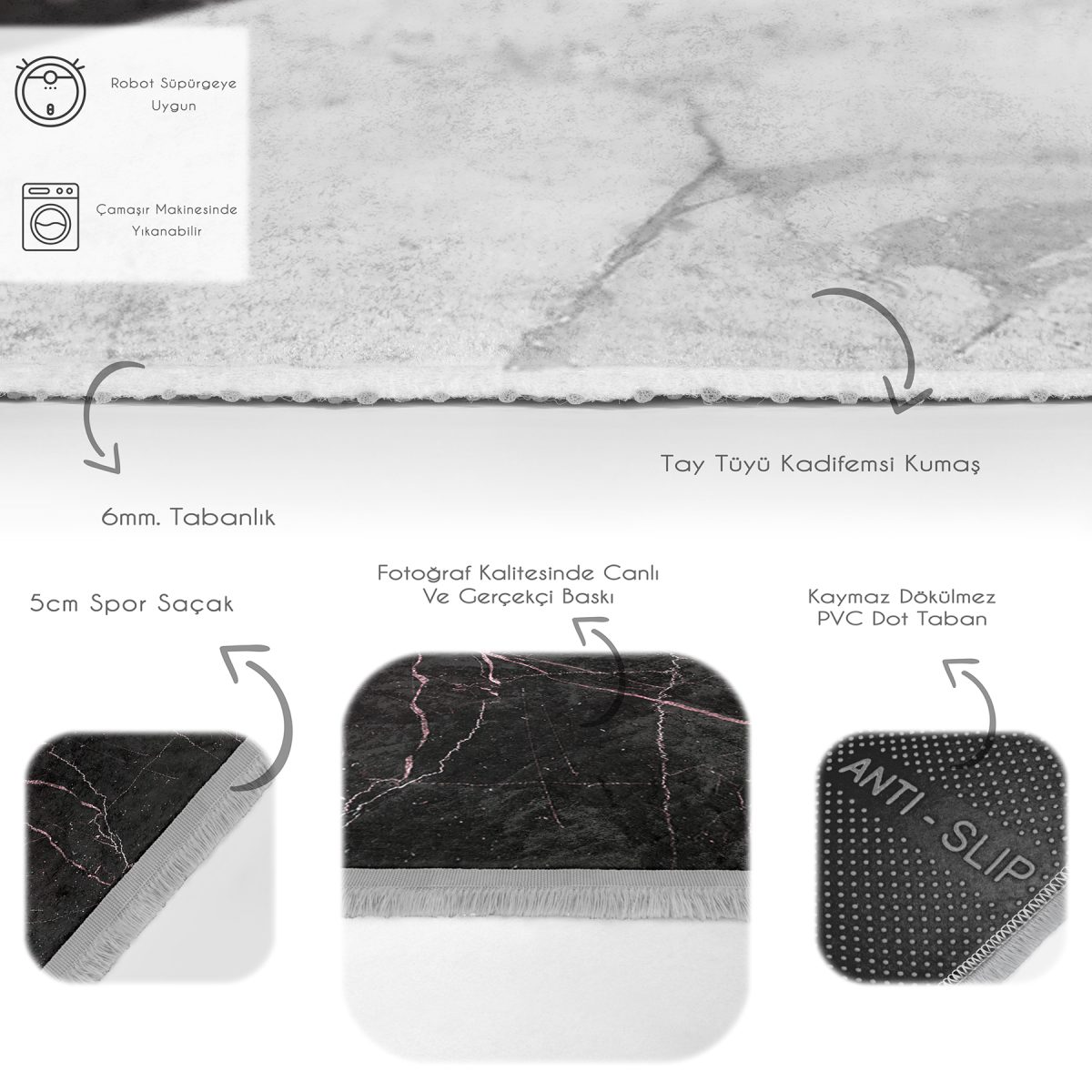 Pembe - Siyah Zeminde Mermer Motifli Geometrik Desenli Geometrik Sade & Şık Banyo Mutfak Dijital Baskılı Makinede Yıkanabilir Kaymaz Taban Saçaklı Halı Realhomes