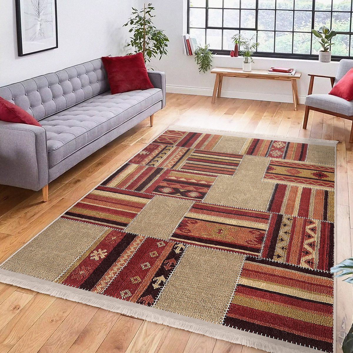 Krem - Kahverengi Zeminde Patchwork Motifli Etnik Desenli Etnik Motifler Vintage Salon & Oturma Odası Koridor & Antre Dijital Baskılı Makinede Yıkanabilir Kaymaz Taban Saçaklı Halı Realhomes