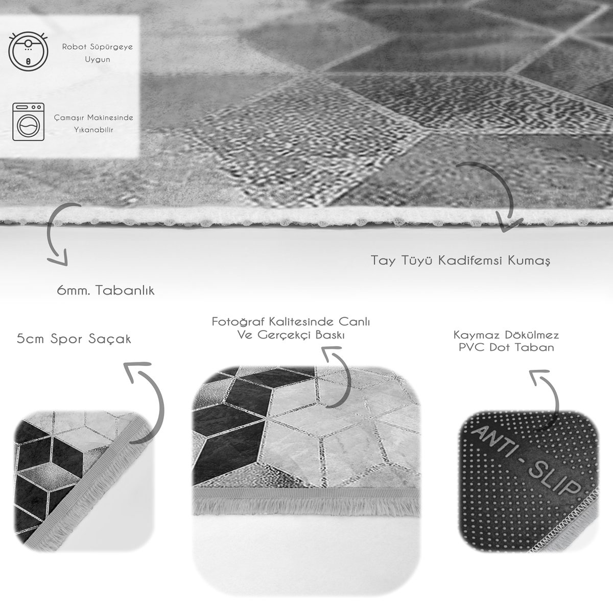 Siyah - Gri Zeminde Mozaik Motifli Mermer Desenli Geometrik Klasik Mutfak Banyo Dijital Baskılı Makinede Yıkanabilir Kaymaz Taban Saçaklı Halı Realhomes