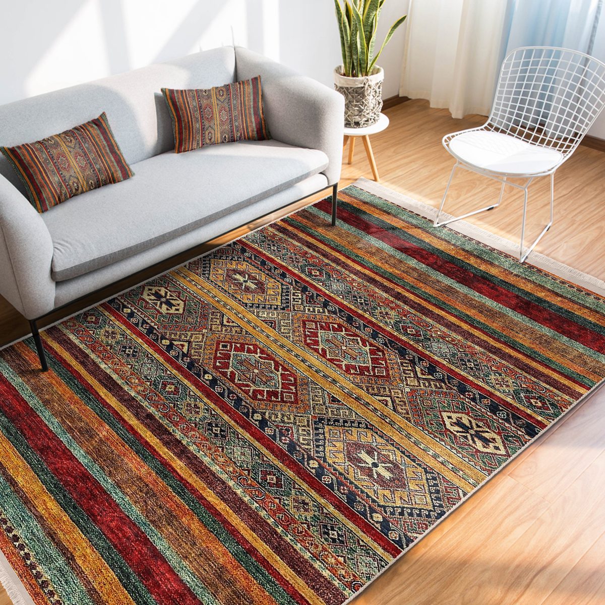 Kırmızı - Kahverengi Zeminde Geleneksel Motifli Kilim Desenli Vintage Etnik Motifler Koridor & Antre Salon & Oturma Odası Dijital Baskılı Makinede Yıkanabilir Kaymaz Taban Saçaklı Halı Realhomes