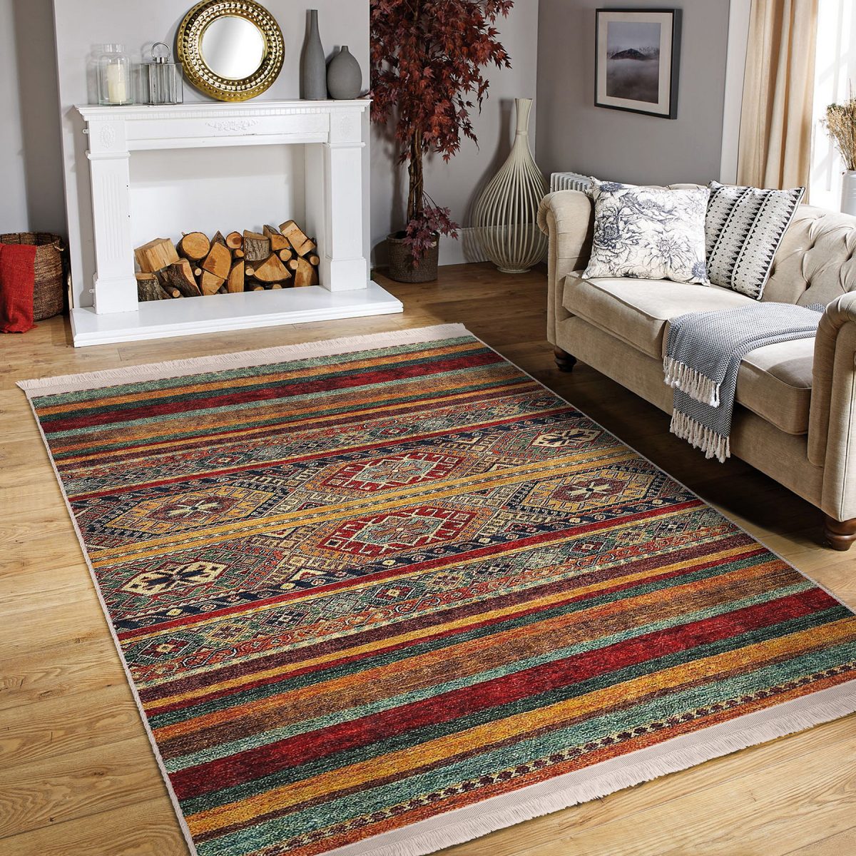 Kırmızı - Kahverengi Zeminde Geleneksel Motifli Kilim Desenli Vintage Etnik Motifler Koridor & Antre Salon & Oturma Odası Dijital Baskılı Makinede Yıkanabilir Kaymaz Taban Saçaklı Halı Realhomes