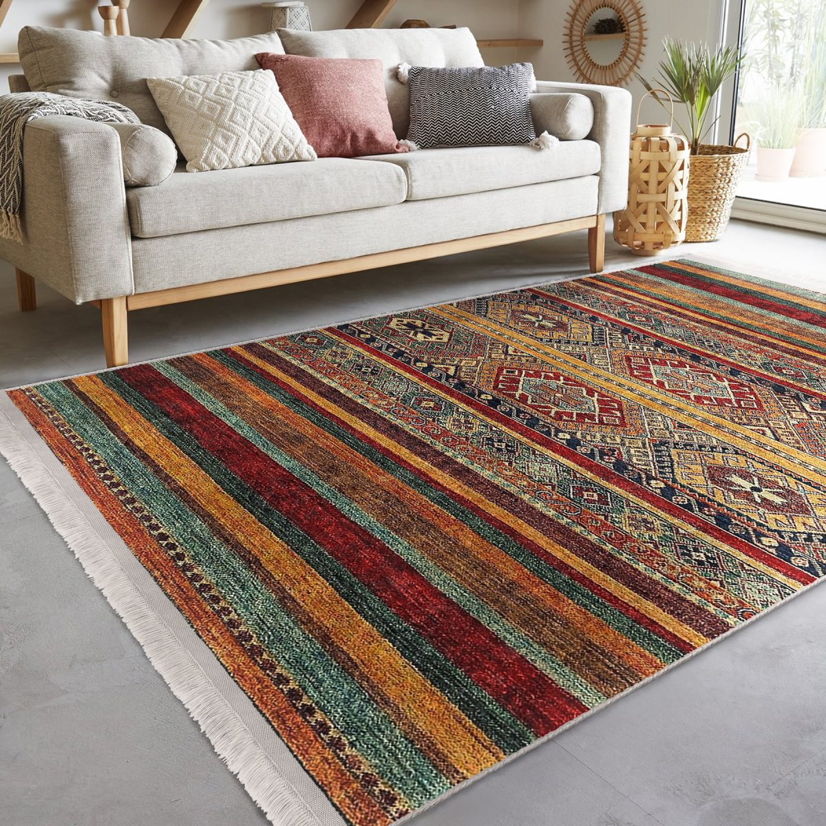 Kırmızı - Kahverengi Zeminde Geleneksel Motifli Kilim Desenli Vintage Etnik Motifler Koridor & Antre Salon & Oturma Odası Dijital Baskılı Makinede Yıkanabilir Kaymaz Taban Saçaklı Halı Realhomes