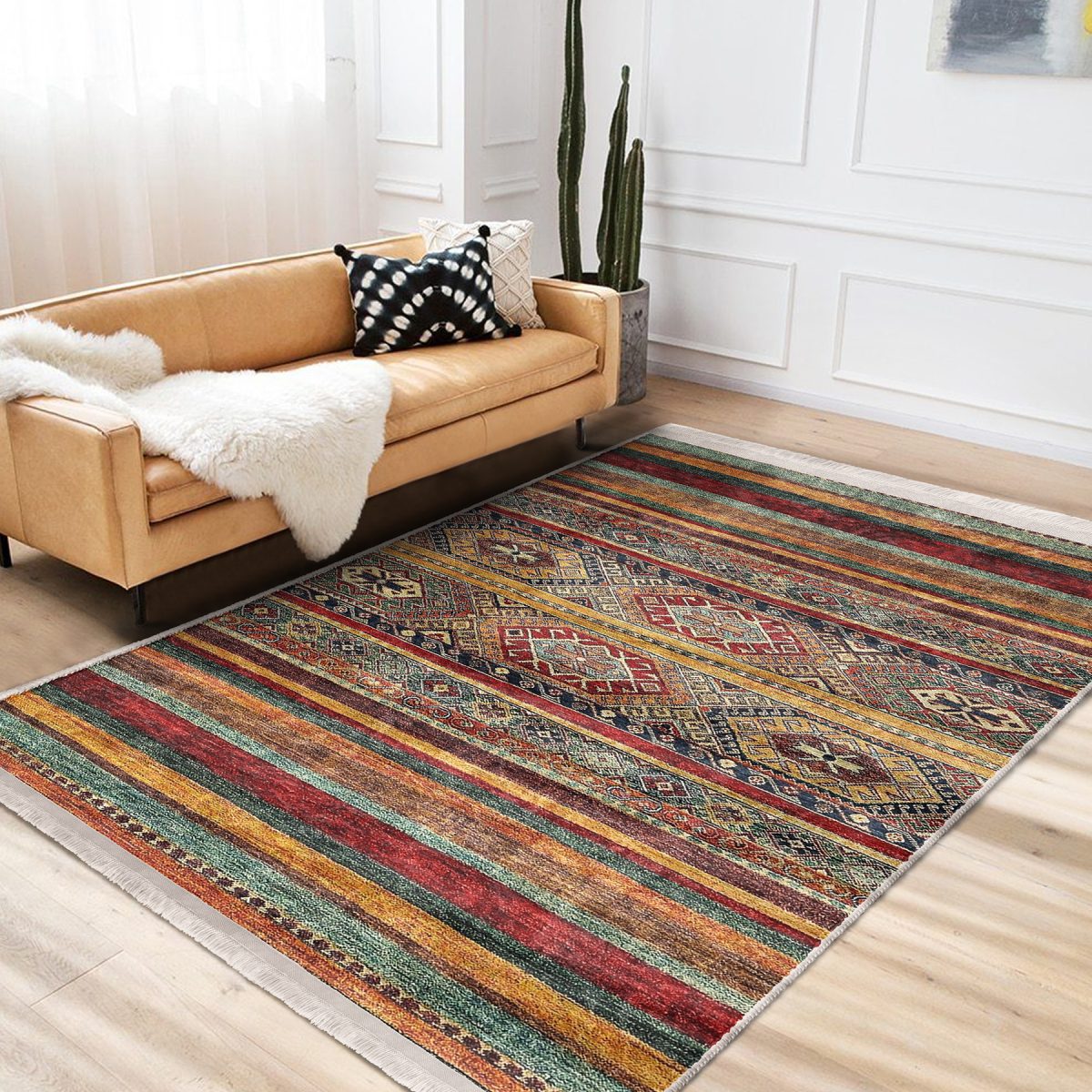 Kırmızı - Kahverengi Zeminde Geleneksel Motifli Kilim Desenli Vintage Etnik Motifler Koridor & Antre Salon & Oturma Odası Dijital Baskılı Makinede Yıkanabilir Kaymaz Taban Saçaklı Halı Realhomes