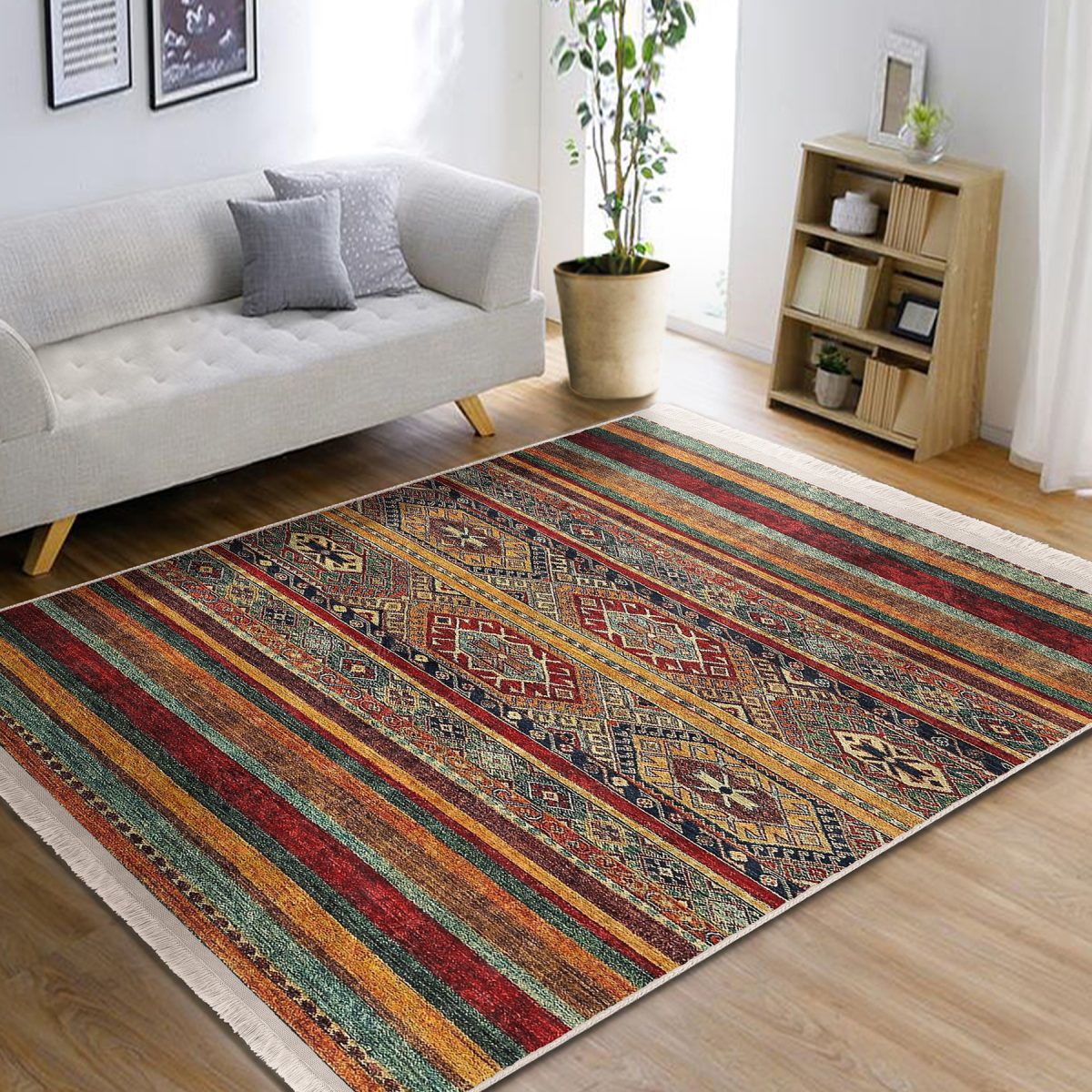 Kırmızı - Kahverengi Zeminde Geleneksel Motifli Kilim Desenli Vintage Etnik Motifler Koridor & Antre Salon & Oturma Odası Dijital Baskılı Makinede Yıkanabilir Kaymaz Taban Saçaklı Halı Realhomes