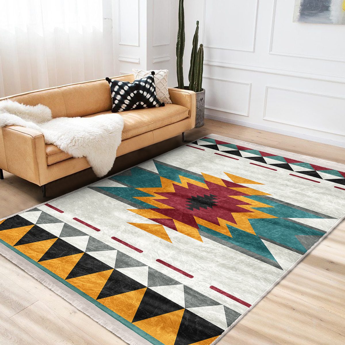 Krem Zeminde Geleneksel Motifli Kilim Desenli Etnik Motifler Geometrik Salon & Oturma Odası Dış Mekan & Outdoor Dijital Baskılı Makinede Yıkanabilir Kaymaz Taban Saçaklı Halı Realhomes