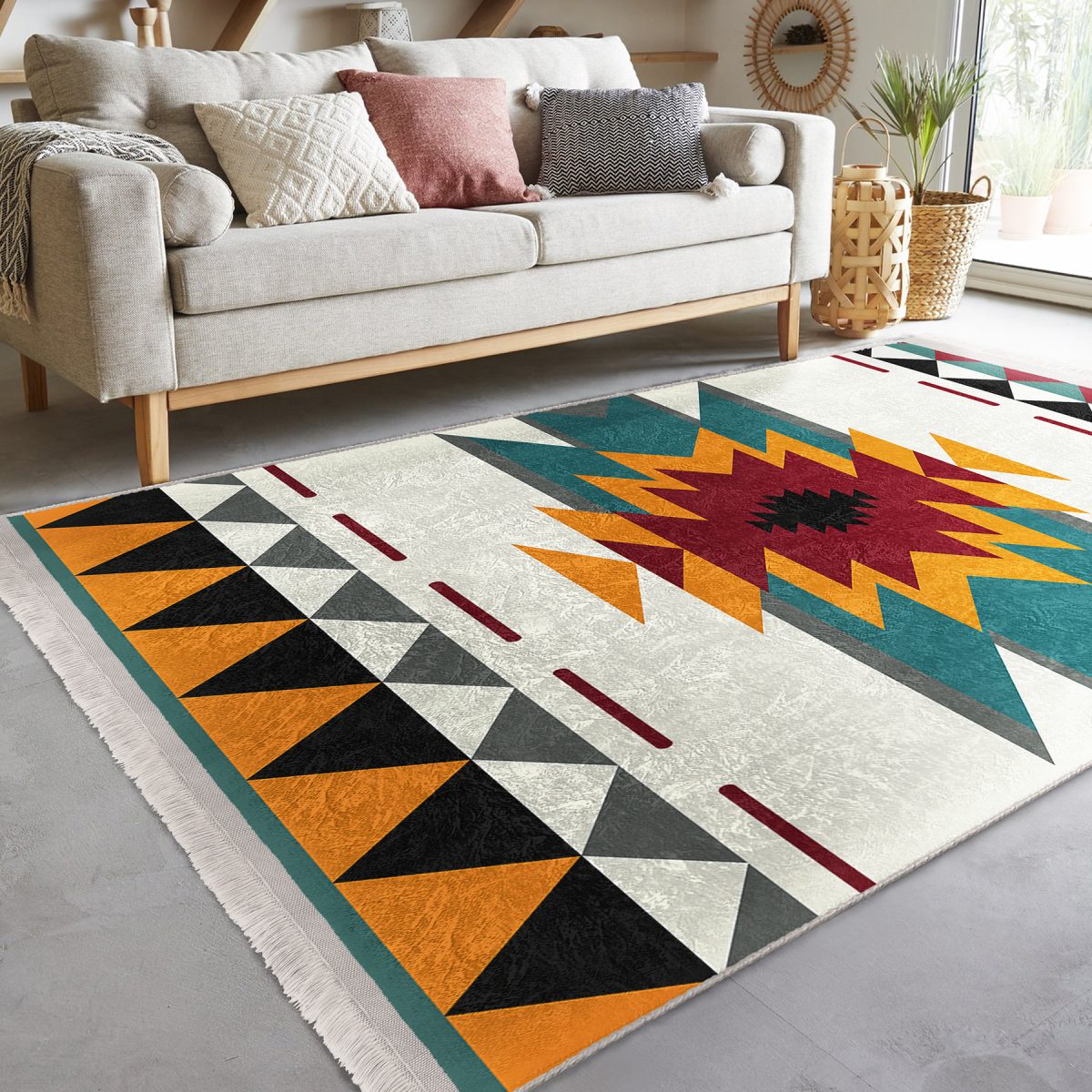 Krem Zeminde Geleneksel Motifli Kilim Desenli Etnik Motifler Geometrik Salon & Oturma Odası Dış Mekan & Outdoor Dijital Baskılı Makinede Yıkanabilir Kaymaz Taban Saçaklı Halı Realhomes